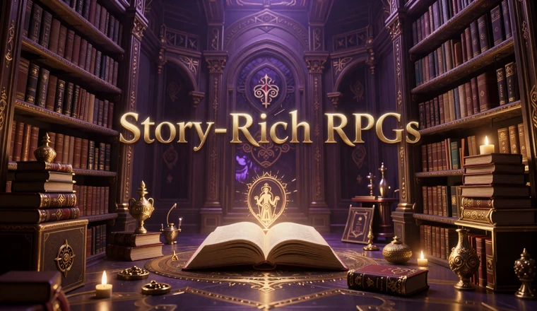 Long-Form Stories collection - ancient magical library with glowing books and golden artifacts